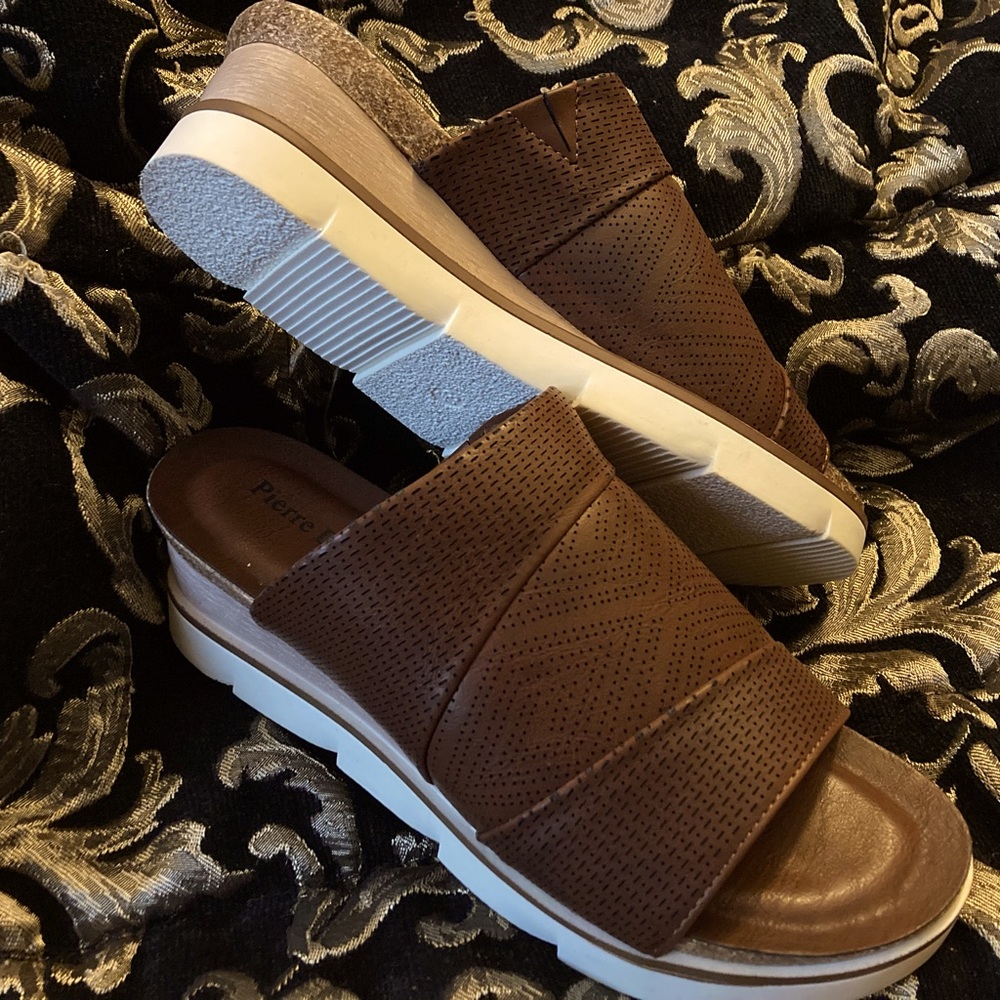 Whiskey color slides, wedge heel, man made material, brand new w/box